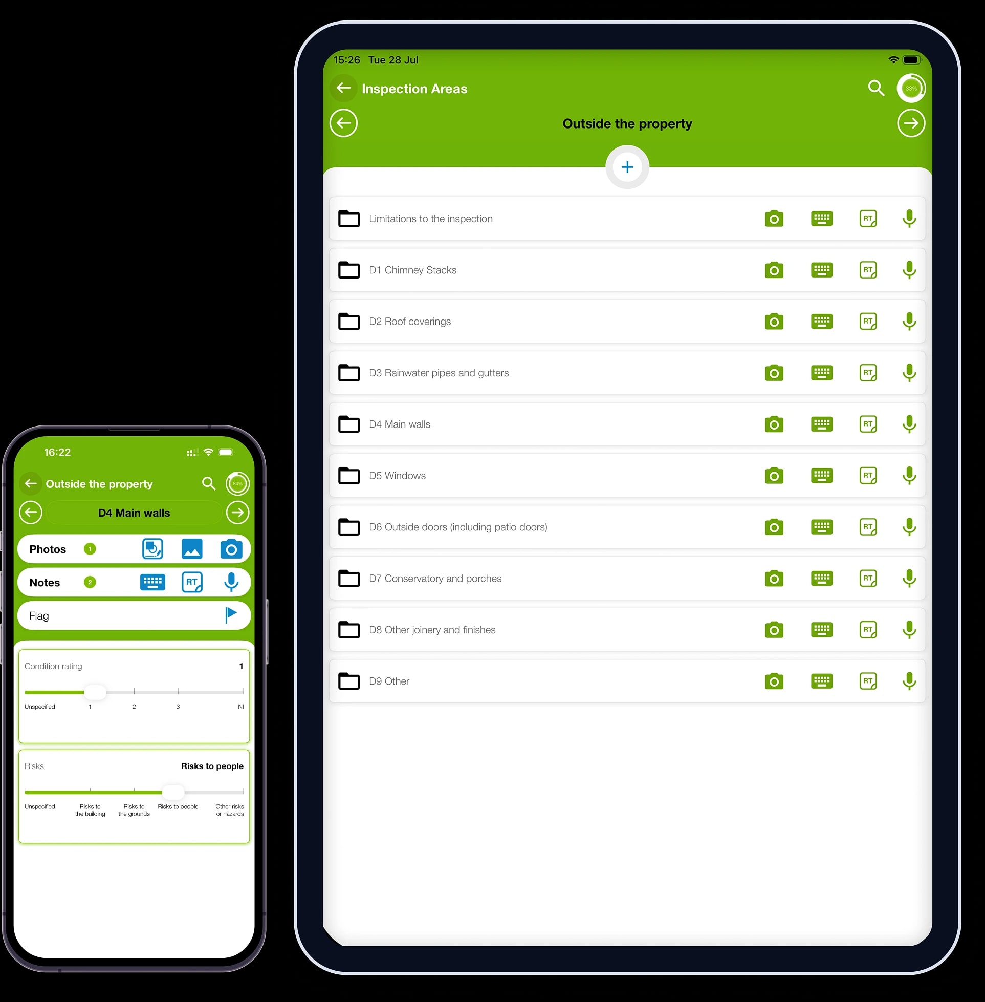 The app on an iPad and iPhone: the iPad lists a building survey's inspection areas - limitations, chimney stacks, roof coverings, rainwater pipes and gutters, main walls, windows, doors - while the iPhone has the Main walls item open with its photos, notes, flag, condition rating slider and risks slider.